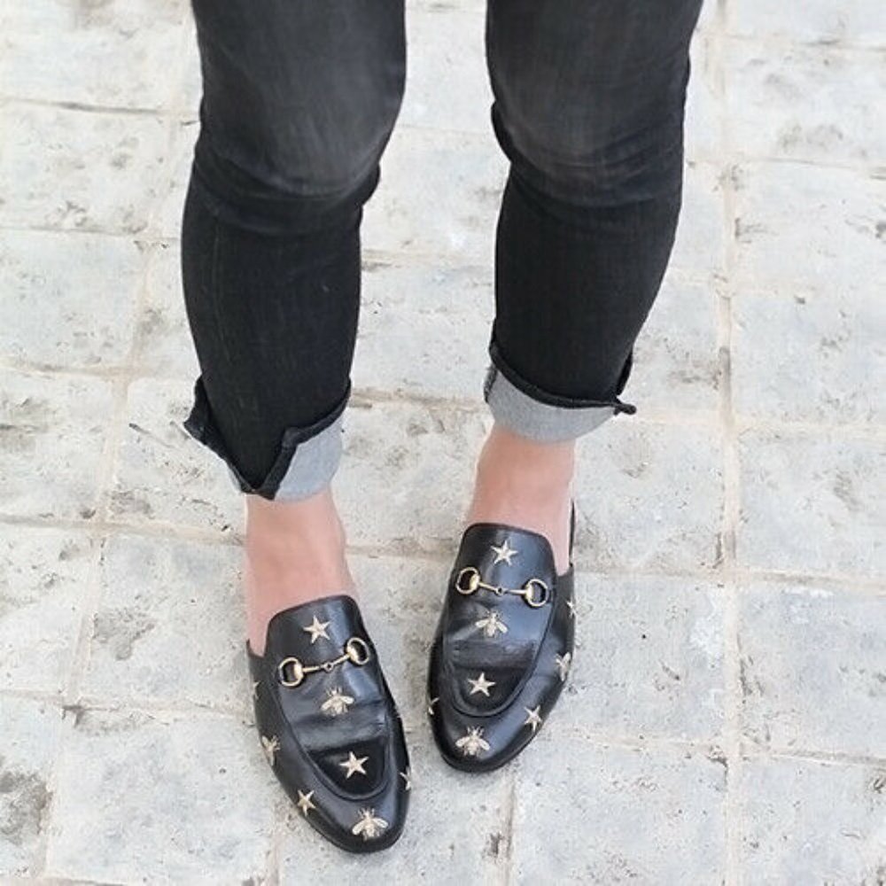 GUCCI Princetown Bees & Stars Embroidered Mules Black Leather Blogger Celebrity - Picture 9 of 13